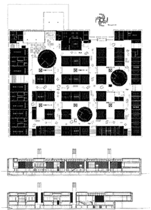 ブリッジ・アーツ・アンド・サイエンス・カレッジ 平面・東西断面（上）・南北断面（下）　縮尺1／1,200 