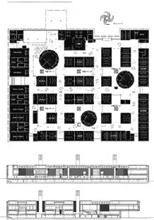 ブリッジ・アーツ・アンド・サイエンス・カレッジ 平面・東西断面（上）・南北断面（下） 縮尺1／1,200