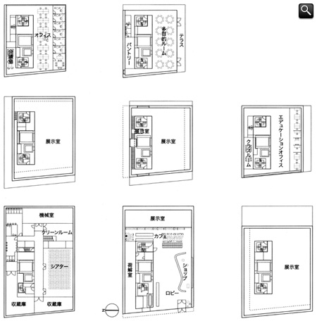 平面　縮尺1／1,000　下段左より地階、1階、2階。中段左より3階、4階、5階。上段左より6階、7階