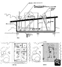 断面図／1階平面図／屋根伏