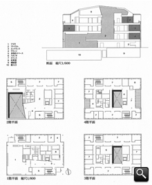 断面および1階〜4階平面