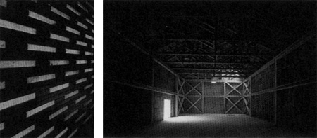 左）「石の美術館」内観。薄い大理石から光が漏れる。 右）ギャラリー2。古い米蔵を再利用している。<