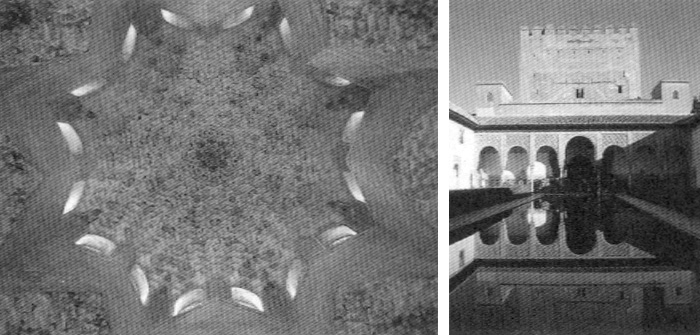 右：「アルハンブラ宮殿」外観。左：天井の幾何学模様。