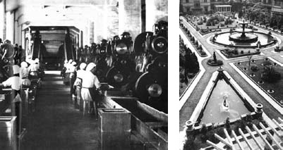 左：1930年代当時の旧松山煙草工場の労働風景 右：1930年代当時の旧松山煙草工場の中庭の俯瞰