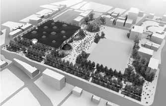 「みんなの森 ぎふメディアコスモス」敷地俯瞰イメージ。向かい側の敷地に市庁舎が建つ予定。