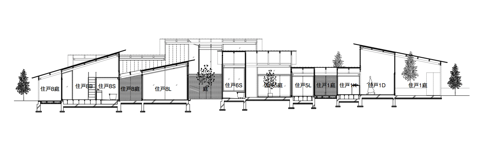 「京都の集合住宅 NISHINOMIYA HOUSE」断面