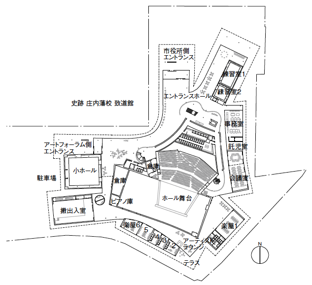 「荘銀タクト鶴岡（鶴岡市文化会館）」1階平面