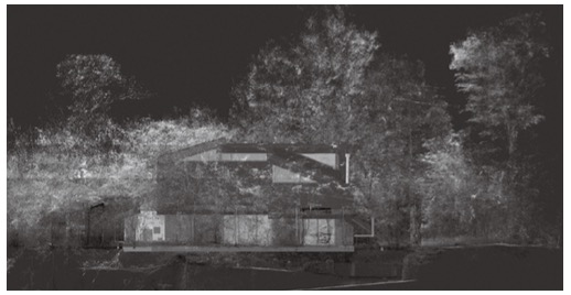 「House SSのドローンでの計測による樹木と建物の3Dイメージ図」外観
