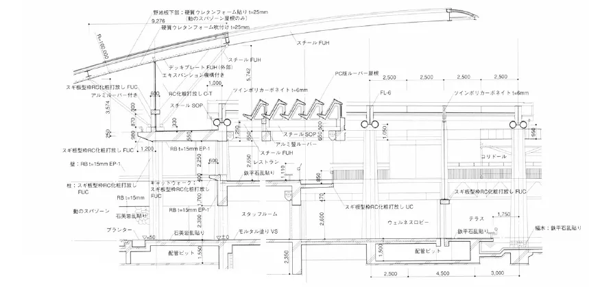 「ウェルネスセンター棟断面」の図