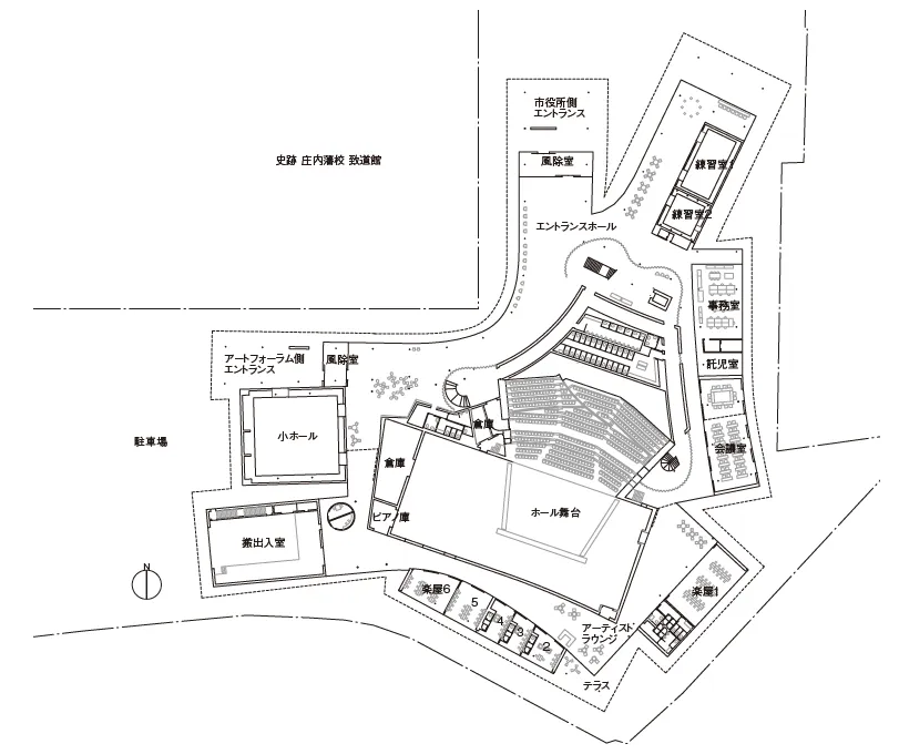 「「荘銀タクト鶴岡（鶴岡市文化会館）」1階平面」の図