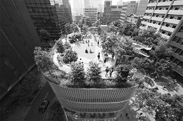 商業店舗が入る施設。屋上は「空のにわ」という広場