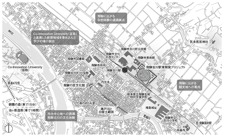 広域配置 「Co-Innovation University（仮称）」と「飛騨古川駅東開発プロジェクト」は1.7km離れた位置関係にある