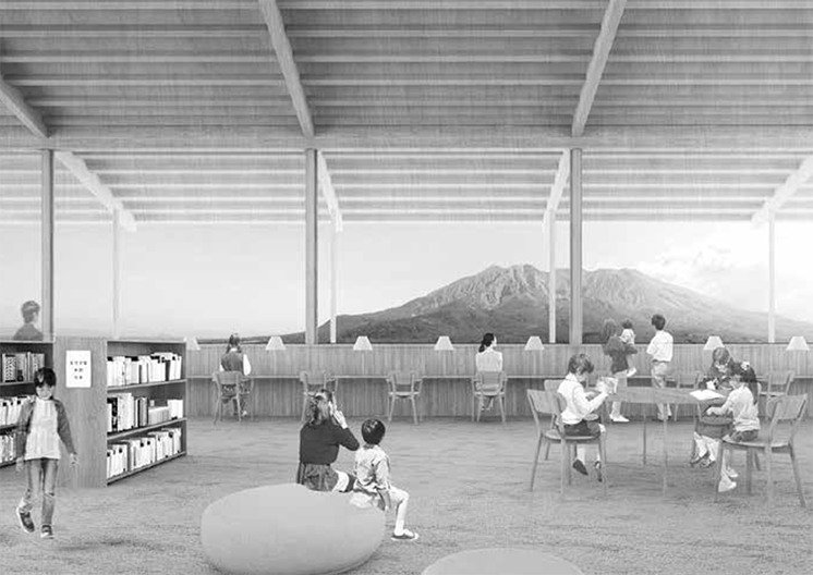 中心となる図書館から桜島を望むイメージ